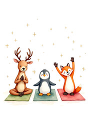 Cute Watercolor Animals Yoga Class featuring Reindeer Penguin and Fox on Exercise Mats with Golden Stars.