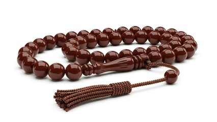 Brown prayer beads arranged in a circle with a tassel on a white surface