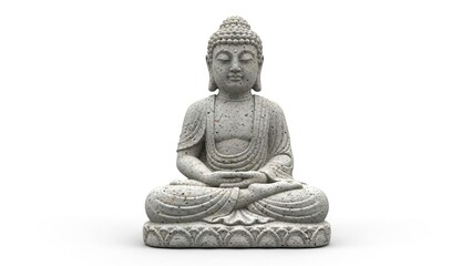 Obraz premium Stone Buddha statue with hands clasped on lotus base set against white background