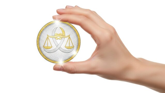 Hand holds a coin with a Libra zodiac symbol