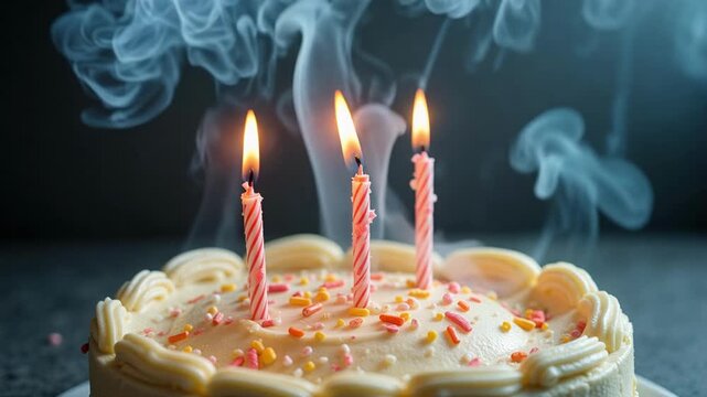 Atmospheric shot of gentle smoke rising slowly from extinguished birthday candles on a cake, end of celebration concept 4k video footage