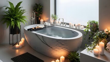 Relaxing marble bathtub with candles and plants in modern bathroom