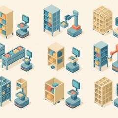 Fototapeta premium Innovative warehouse automation scene showcasing smart storage solutions featuring robotic technology and streamlined process efficiency in a minimalistic, pastel color palette