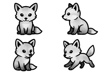 Fototapeta premium Cute cartoon fox set in halftone style featuring various poses and expressions
