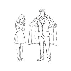Sketch illustration of a man putting a coat around a woman's shoulders, symbolizing care, chivalry, and romance.
