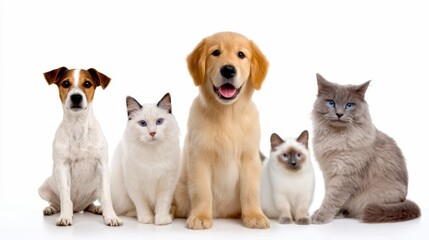 A happy group of pets sits together in a friendly pose. This image features five adorable animals. The golden retriever stands confidently. The playful cats and dogs bring joy. AI