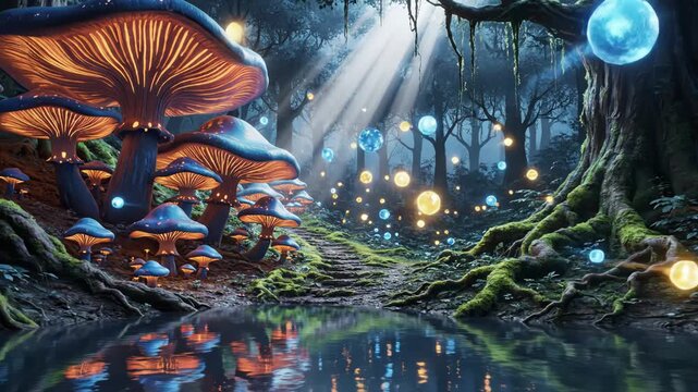 Fantasy forest landscape with glowing mushrooms and magical floating orbs