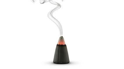 Cone incense burns emitting smoke upward