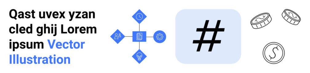 Fototapeta premium metadata tag symbol in blue square, abstract shapes, coins, and text. Ideal for social media, branding, communication, networking, finance digital marketing and simple landing page