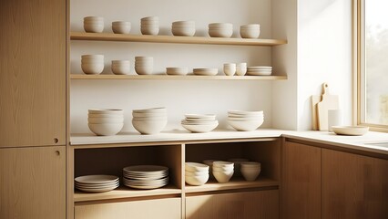 Modern kitchen with ceramic dishes on wooden shelves near window