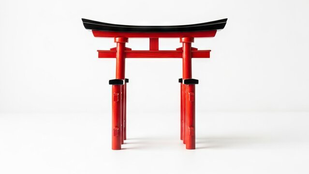 A red Torii gate with a black top beam standing on a white surface - Powered by Adobe