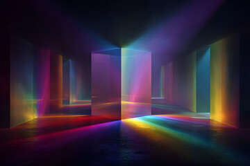 surreal background with colorful light rays and geometric shapes creating illusion in dark space