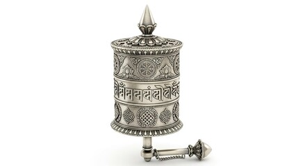 A silvercolored prayer wheel with ornate carvings sitting on a white background