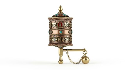 Intricate Tibetan prayer wheel with gold finish ornate details resting on a white surface