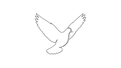Line drawing of a dove wings spread flying against a white background