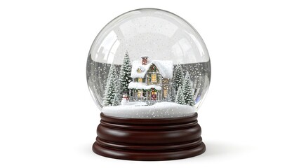 A snow globe showing a house trees and a snowman all under falling snow