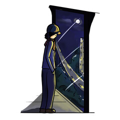 A lonely person stands indoors gazing out a large window at night cartoon illustration