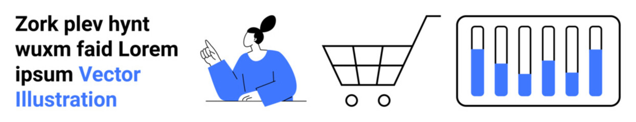 Woman pointing, empty shopping cart, bar chart with data levels. Ideal for analytics, e-commerce, presentations, online shopping, learning, user interface simple landing page © robu_s