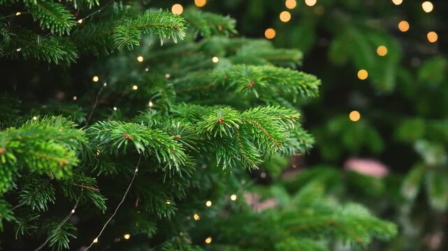 Lush green pine needles decorating winter evergreen tree branches with numerous small warm golden glowing lights
