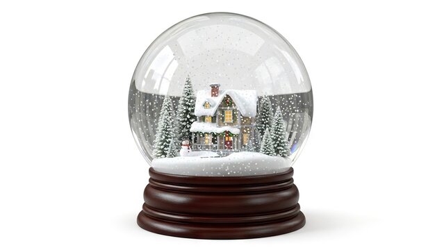 A snow globe showing a house trees and a snowman all under falling snow - Powered by Adobe