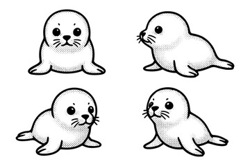 Obraz premium Adorable hand-drawn seal pups in vintage pop art style