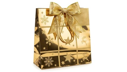Gold gift bag with a glittering bow adorned with snowflakes stars  reindeers on a white background