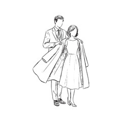 Sketch illustration of a man putting a coat around a woman's shoulders, symbolizing care, chivalry, and romance.

