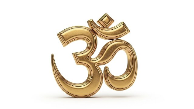 Gold Om symbol detailed contours stands on a white surface with a slight shadow beneath it
