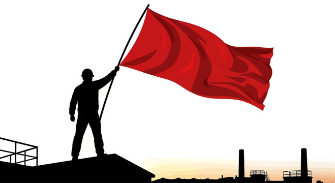 Silhouette of a Person Holding a Red Flag on a Rooftop.
