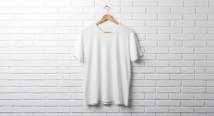 A plain white tshirt hangs on a wooden hanger against a white brick wall, showcasing a simple and clean design