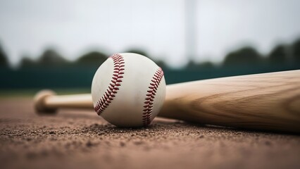 Baseball Ball and Wooden Bat Resting on Dirt Field in Soft Lighting