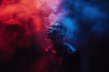 A man wearing a sleeveless top is surrounded by vibrant blue and red glowing smoke, creating a dramatic and surreal atmosphere. The lighting and color palette evoke a sense of mystery and power.