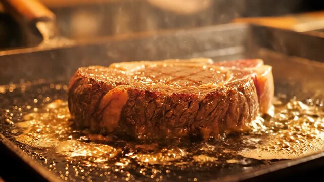 Closeup of steak sizzling on a hot griddle with visible fat and cooking vapors
