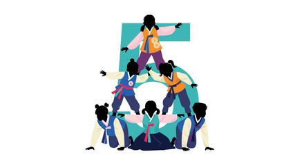 Team of Korean performers in traditional hanbok forming a human pyramid number five.