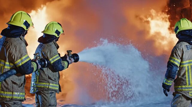 Firefighters Using Foam Suppression to Combat Large Intense Blaze with Protective Gear Helmets and High Pressure Equipment in Emergency Fire Scene.