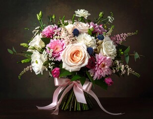 Close-up of a colorful bouquet tied with a pink ribbon against a dark, mottled background
