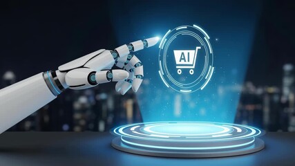 Ai generative customer support ecommerce technology innovation futuristic digital intelligence automation robot hand hologram shopping cart pointing glowing platform night city lights - Powered by Adobe