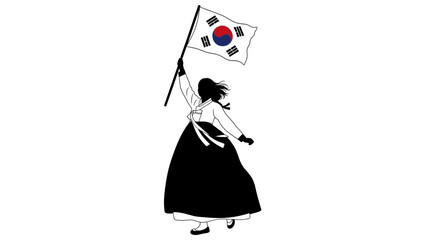Silhouette of a woman holding the South Korean flag high in the air.