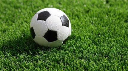 Classic black and white ball rests upon vibrant green turf under bright light