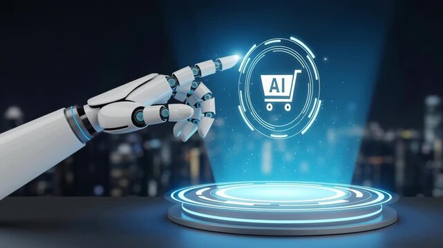 Ai generative customer support ecommerce technology innovation futuristic digital intelligence automation robot hand hologram shopping cart pointing glowing platform night city lights