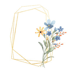 Floral gold frame, geometric golden border with watercolor wild flowers. Digital illustration with place for text.