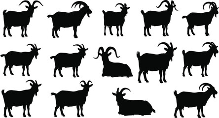 Collection of goat silhouettes featuring standing and resting farm goats with curved horns, livestock animal vector illustration for agriculture, farming, nature and rural design projects