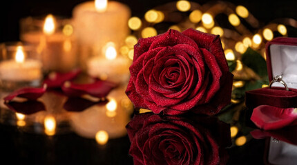 Romantic red rose with sparkling water droplets placed beside candles, rose petals, and an engagement ring box, creating an intimate Valentine&rsquo;s or proposal setting