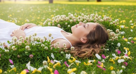 A serene woman lies on a vibrant field of flowers in a lush green meadow on a sunny day.