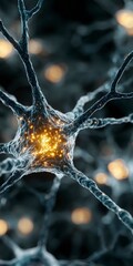 Close up of a biological neuron with bright glowing neural activity signals and dark background