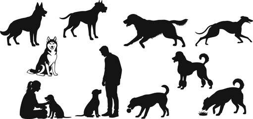 Dog silhouette collection featuring various canine poses, playful actions, human interaction, training moments, and diverse breed shapes in detailed black vector illustration for pet-themed content