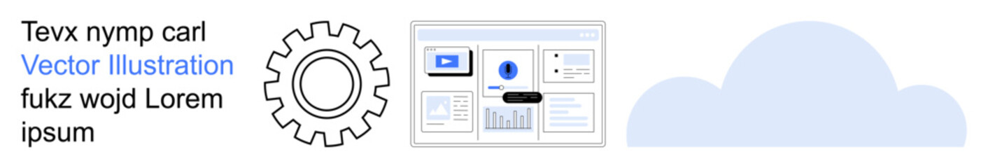 Cloud technology, data management, software development, digital tools, IT infrastructure, innovation. Gear icon, cloud shape and dashboard. Cloud technology and data management concept
