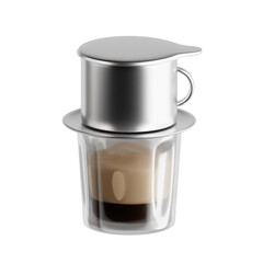 Stainless steel Vietnamese coffee filter (phin) brewing coffee into a small glass cup on a white background.