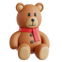 A cute brown 3D rendered teddy bear wearing a red scarf, sitting down.