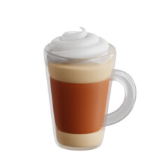 A delicious hot coffee drink with whipped cream in a clear glass mug with a brown sleeve.